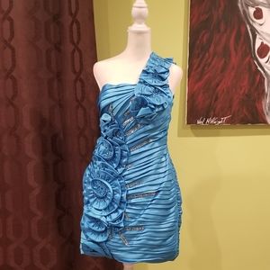 NWT Light Blue One Shoulder Beaded Dress With Sequins